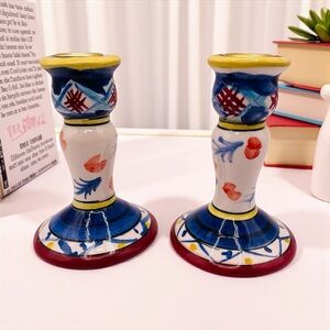 Hand painted Italian style, ceramic candlesticks, colorful Deruta Majolica Pair